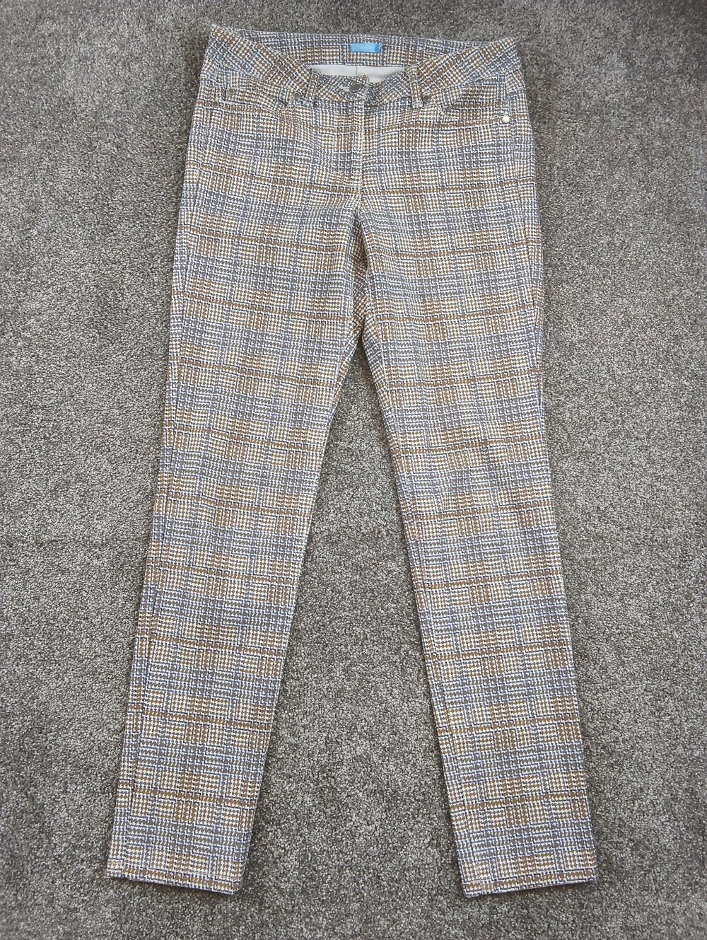 J.McLaughlin Womens Size 4 Plaid Houndstooth Stretch Cotton Slim Pants Blue Tan